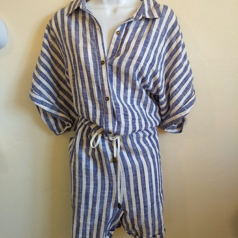 Romper jumpsuit nautical blue stripe linen blend